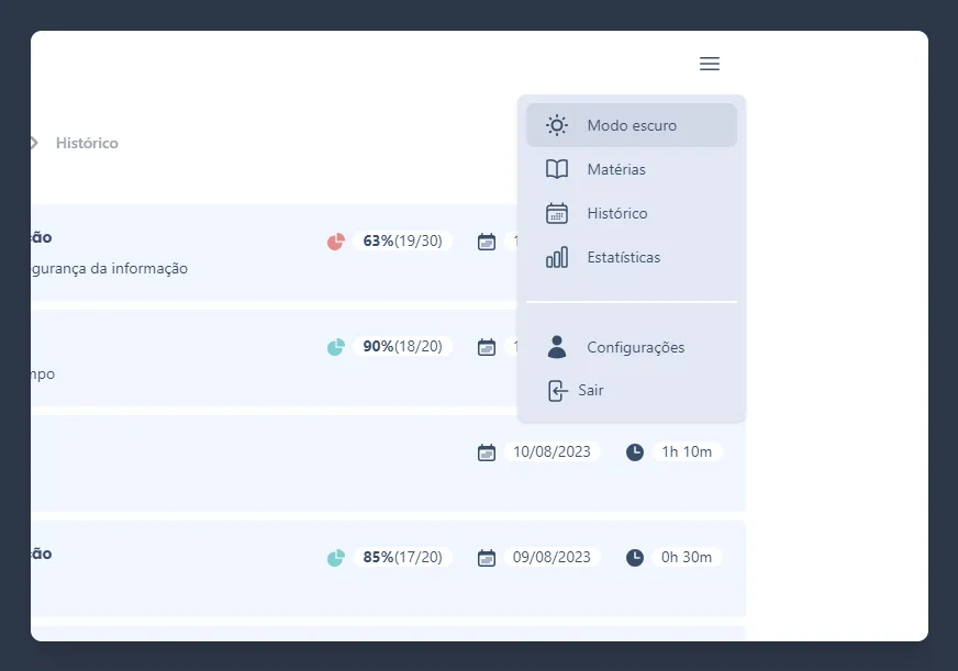 modo claro e modo escuro disponíveis
